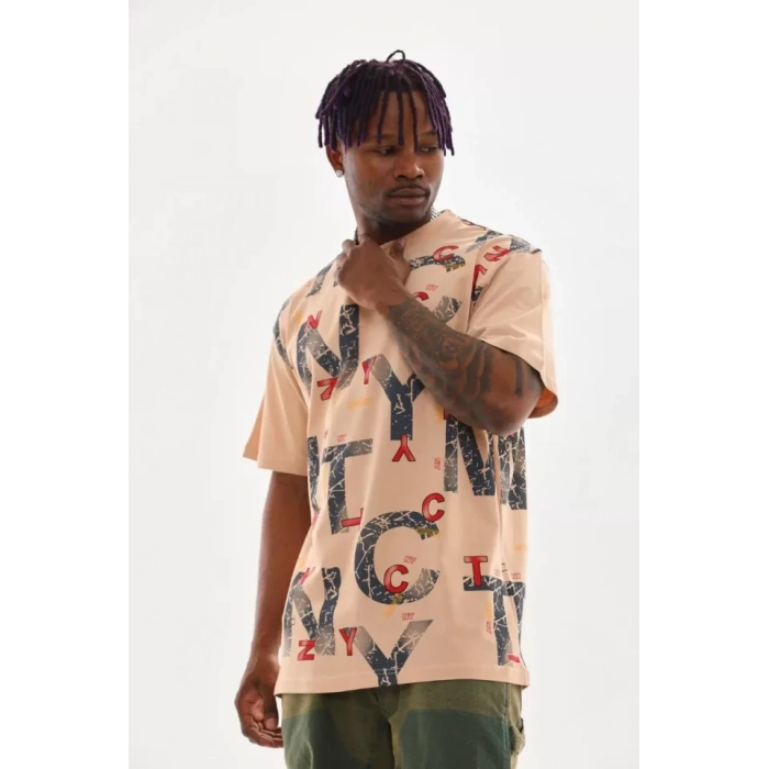 Unisex Baskılı Oversize Thirt  Bej