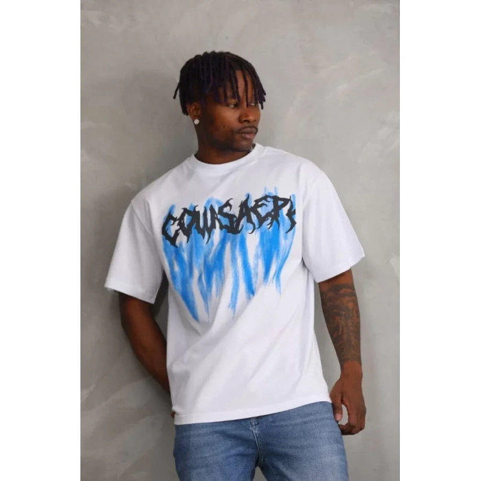 Unisex Baskılı Oversize Thirt  Beyaz