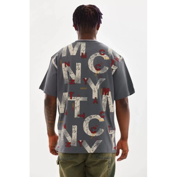 Unisex Baskılı Oversize Thirt  Füme