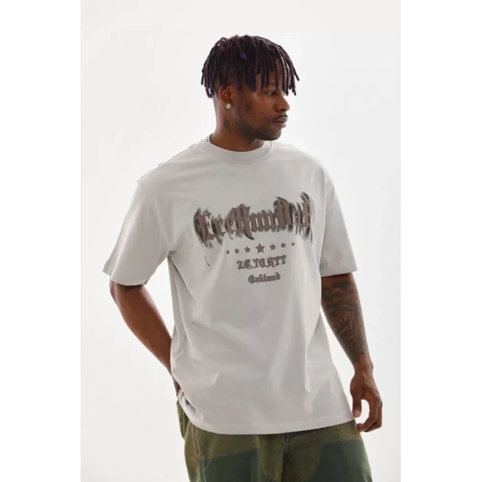 Unisex Baskılı Oversize Thirt  Gri