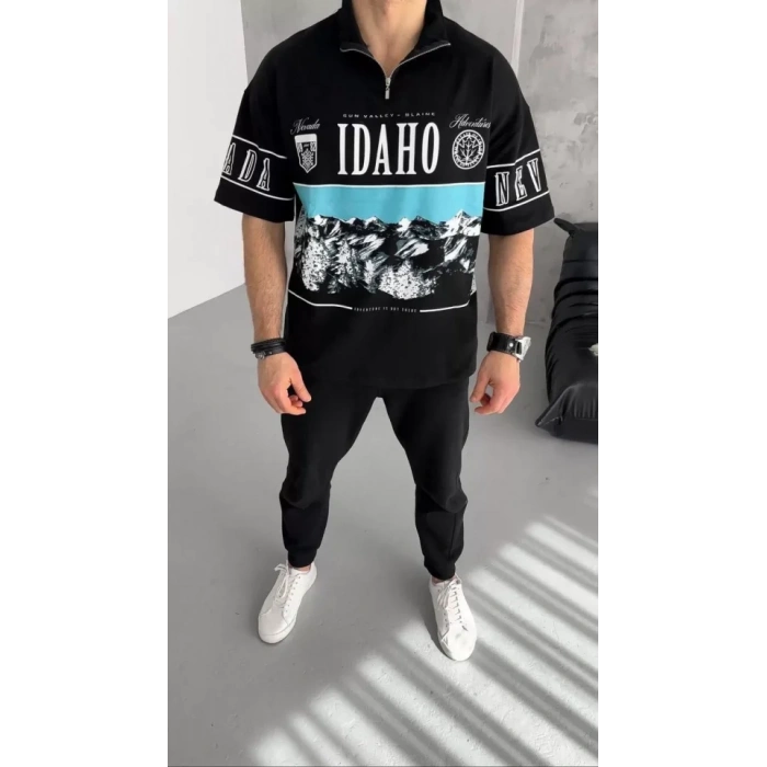 Unisex Baskılı Yarım Fermuarlı Thirt  iyah