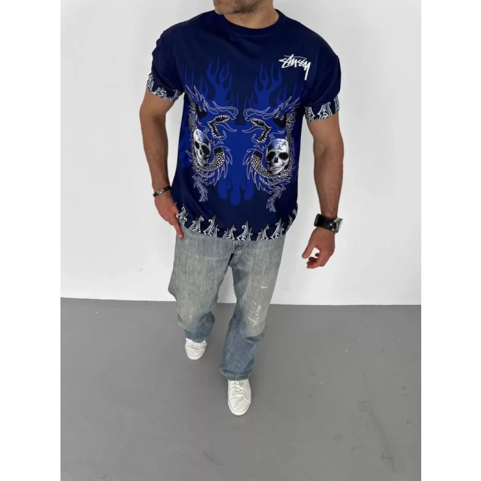 Unisex Bisiklet Yaka Baskılı Oversize Thirt  acivert