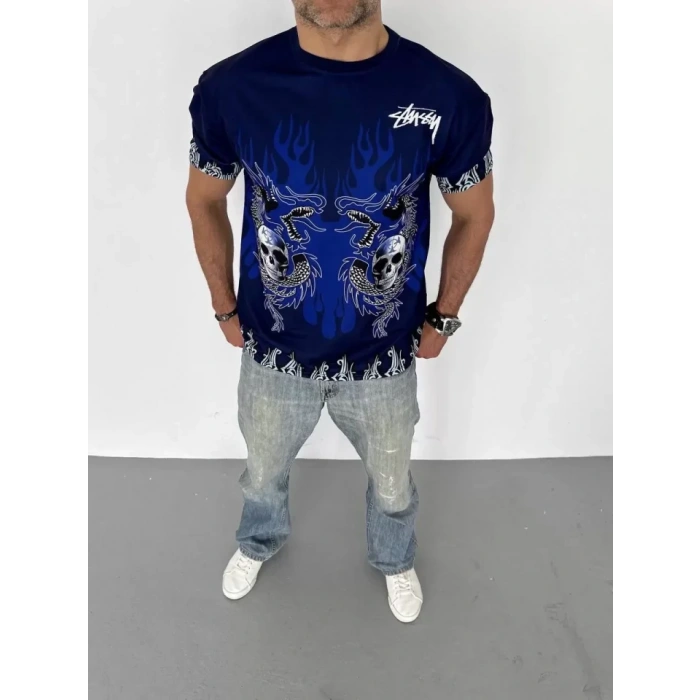 Unisex Bisiklet Yaka Baskılı Oversize Thirt  acivert