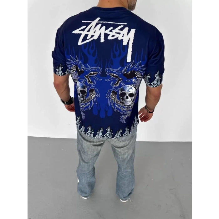 Unisex Bisiklet Yaka Baskılı Oversize Thirt  acivert