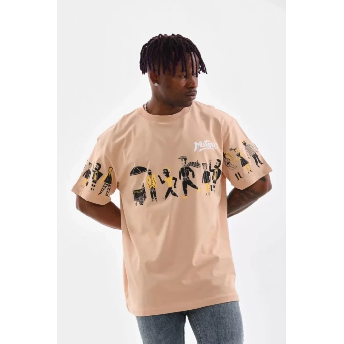 Unisex Bisiklet Yaka Baskılı Oversize Thirt  Bej