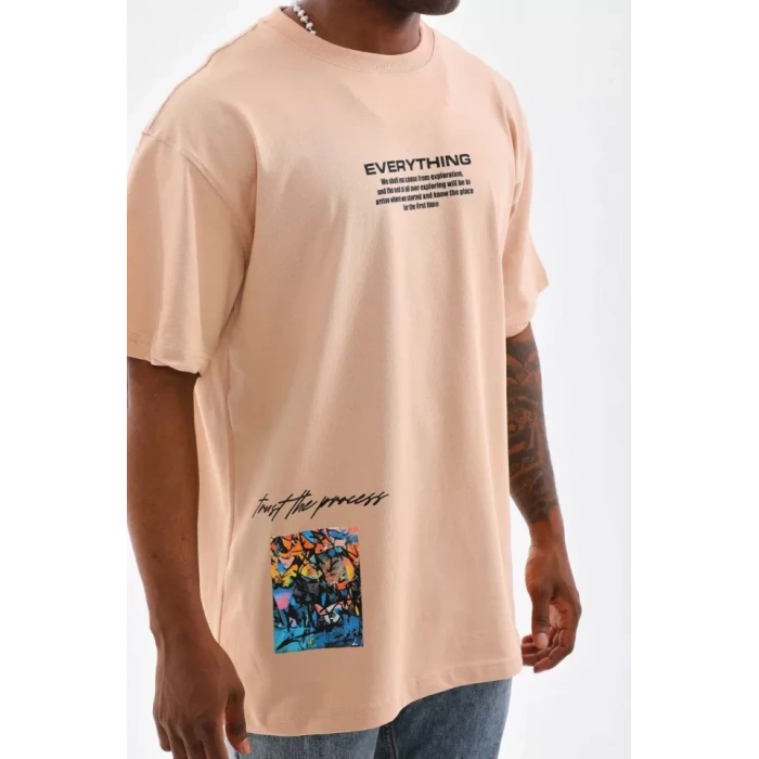 Unisex Bisiklet Yaka Baskılı Oversize Thirt  Bej