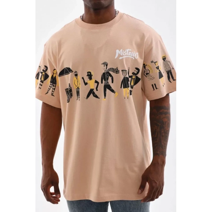 Unisex Bisiklet Yaka Baskılı Oversize Thirt  Bej