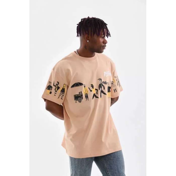 Unisex Bisiklet Yaka Baskılı Oversize Thirt  Bej