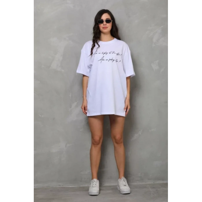 Unisex Bisiklet Yaka Baskılı Oversize Thirt  Beyaz