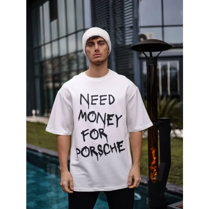 Unisex Bisiklet Yaka Baskılı Oversize Thirt  Beyaz