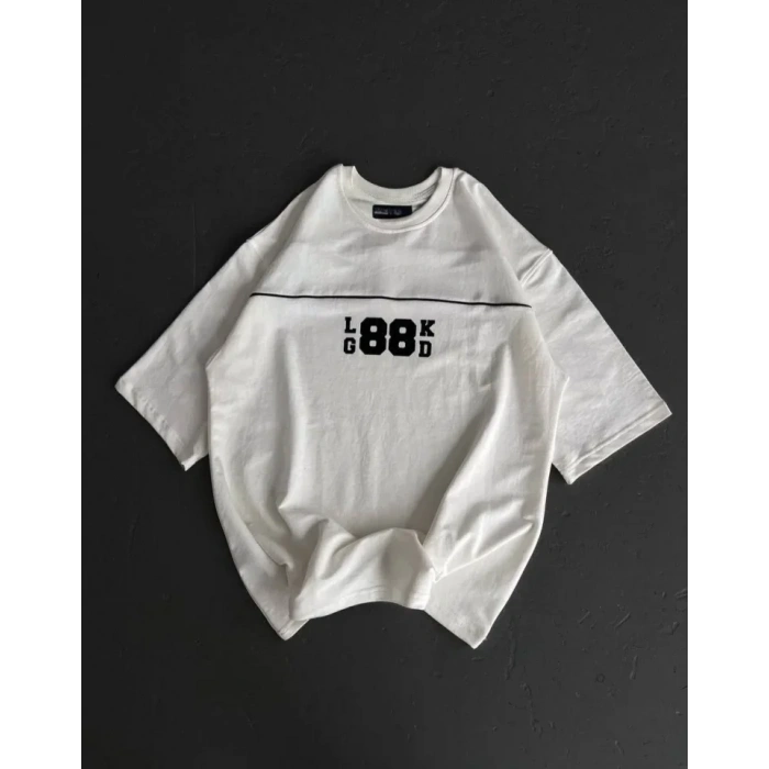 Unisex Bisiklet Yaka Baskılı Oversize Thirt  Beyaz