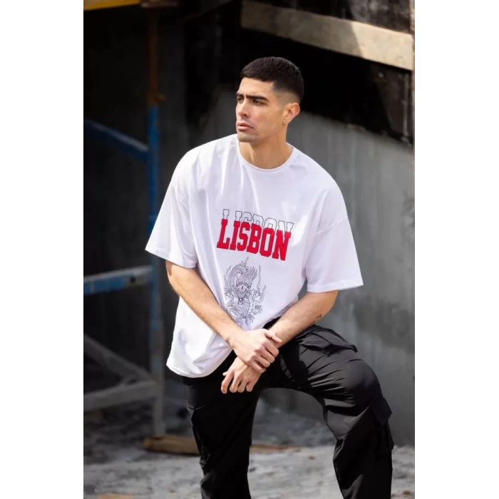 Unisex Bisiklet Yaka Baskılı Oversize Thirt  Beyaz