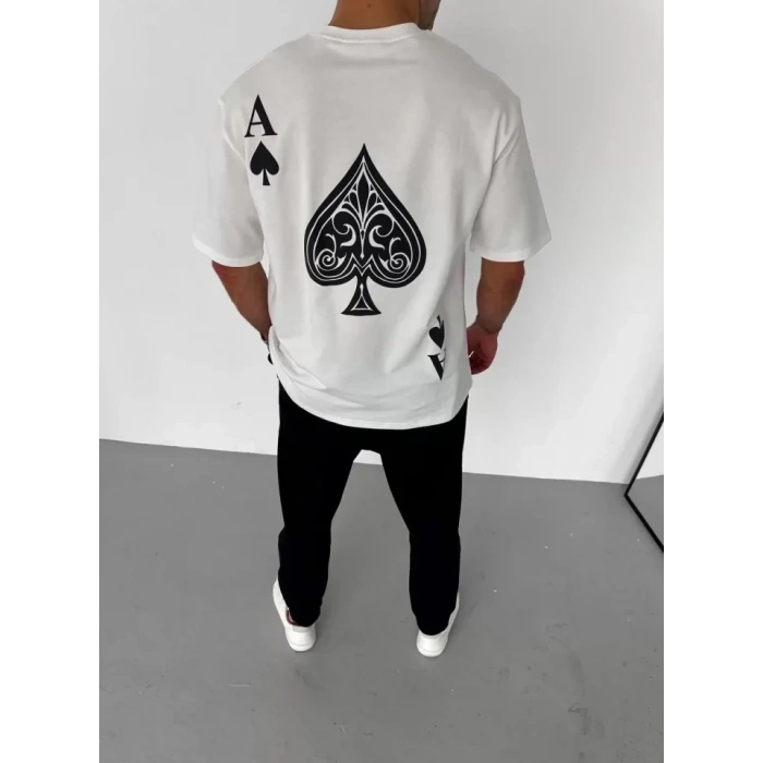 Unisex Bisiklet Yaka Baskılı Oversize Thirt  Beyaz