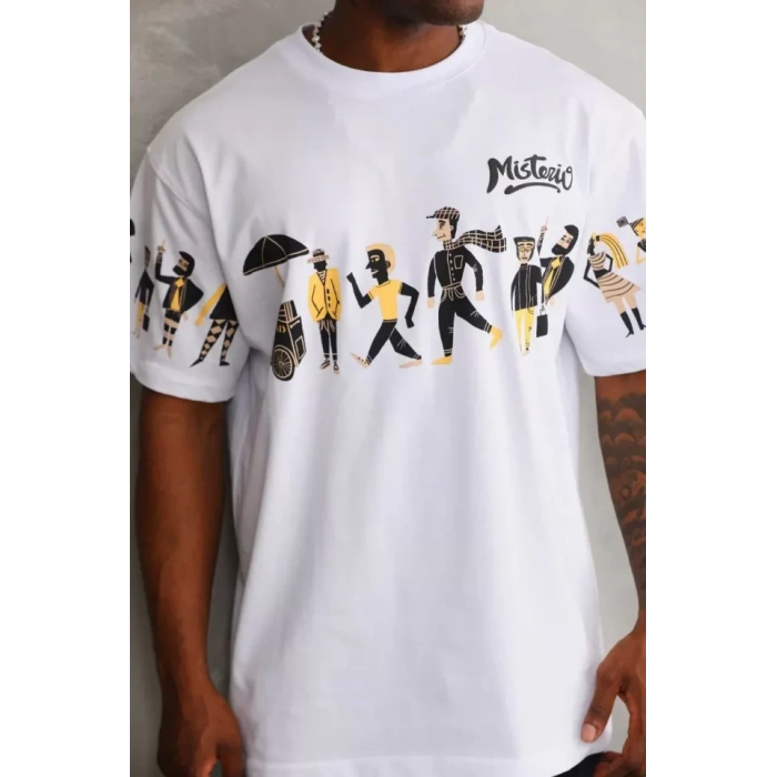 Unisex Bisiklet Yaka Baskılı Oversize Thirt  Beyaz