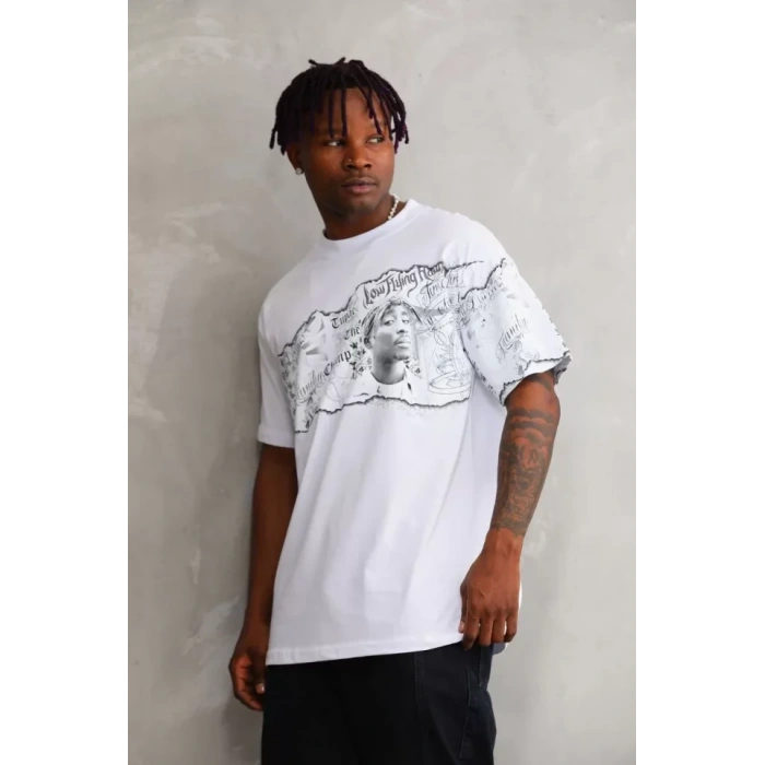 Unisex Bisiklet Yaka Baskılı Oversize Thirt  Beyaz