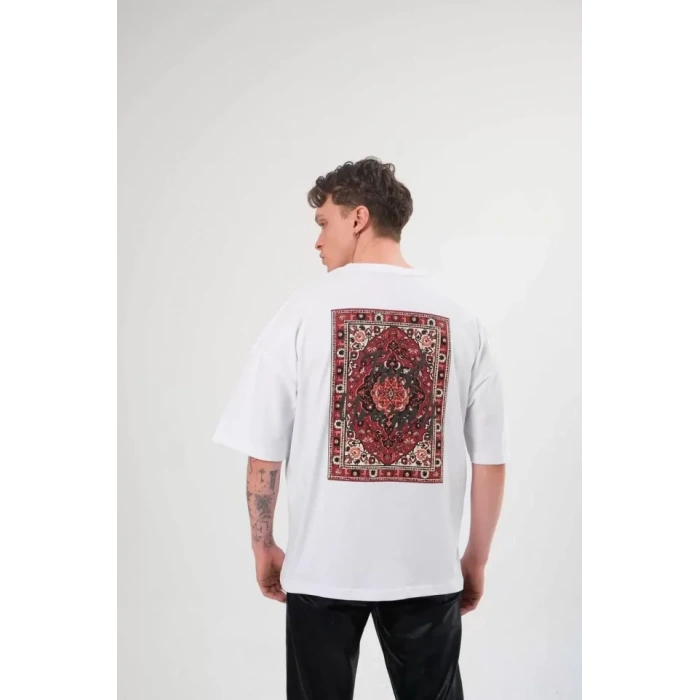 Unisex Bisiklet Yaka Baskılı Oversize Thirt  Beyaz