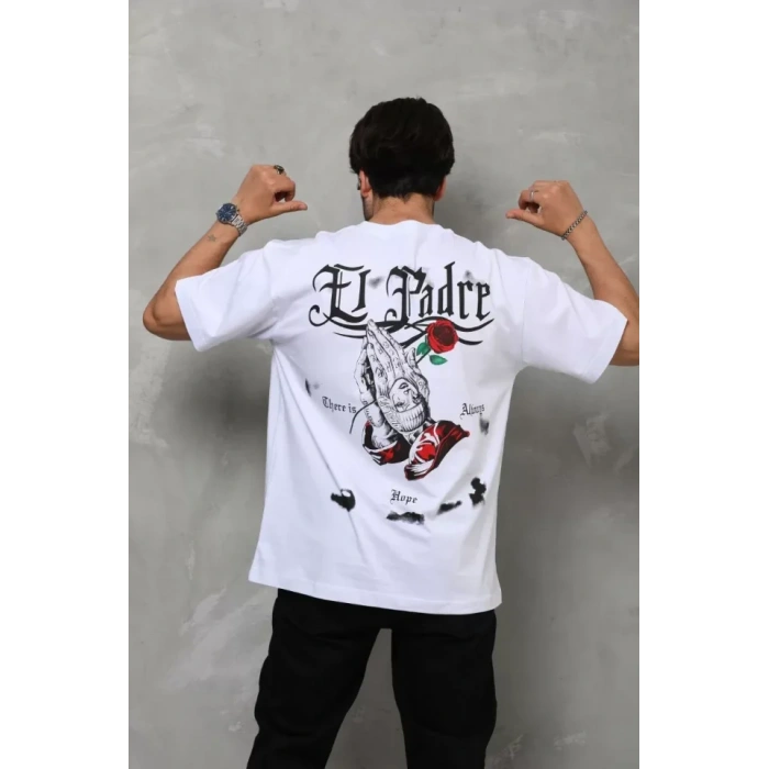 Unisex Bisiklet Yaka Baskılı Oversize Thirt  Beyaz