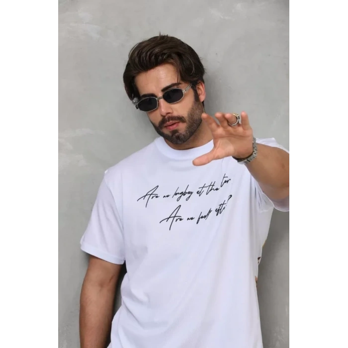 Unisex Bisiklet Yaka Baskılı Oversize Thirt  Beyaz