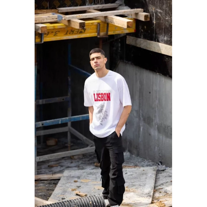 Unisex Bisiklet Yaka Baskılı Oversize Thirt  Beyaz