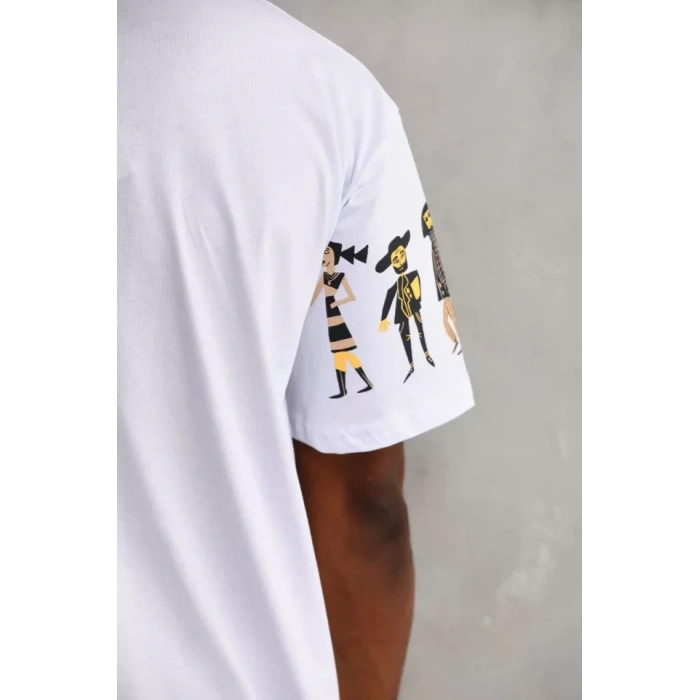 Unisex Bisiklet Yaka Baskılı Oversize Thirt  Beyaz