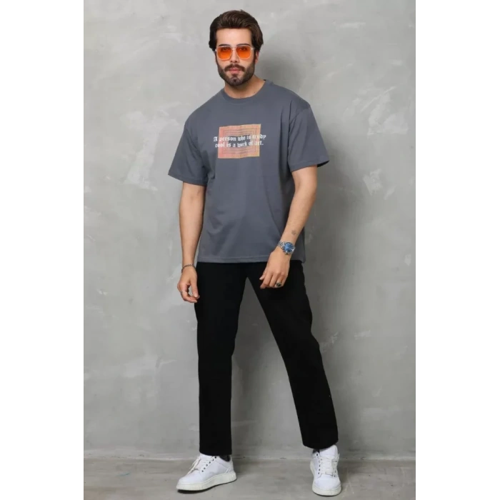 Unisex Bisiklet Yaka Baskılı Oversize Thirt  Füme