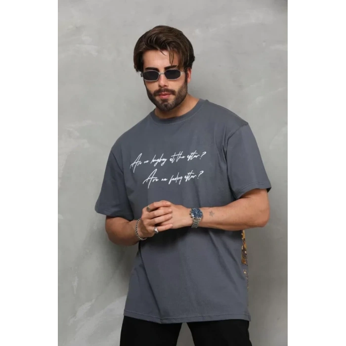 Unisex Bisiklet Yaka Baskılı Oversize Thirt  Füme