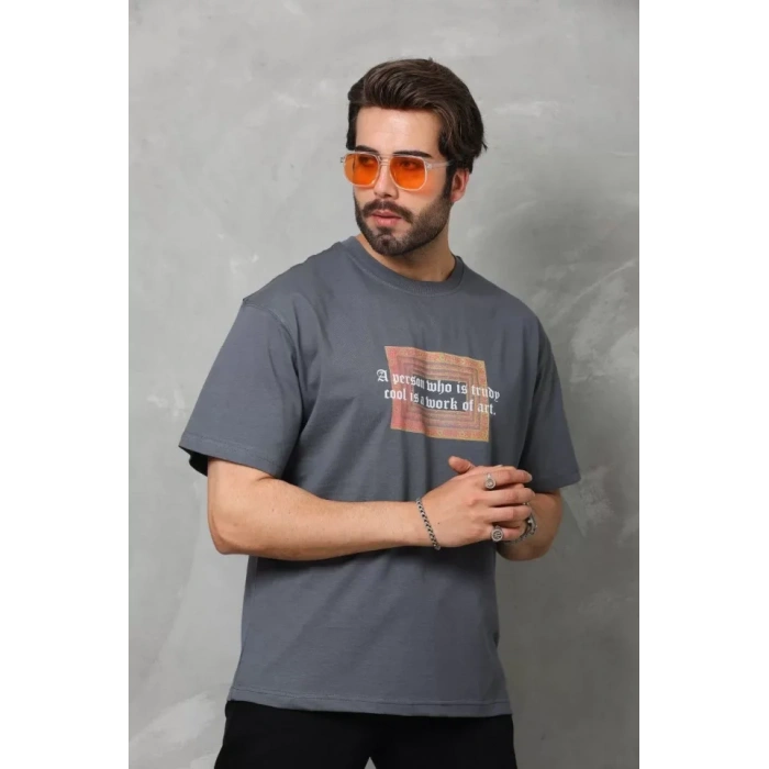 Unisex Bisiklet Yaka Baskılı Oversize Thirt  Füme