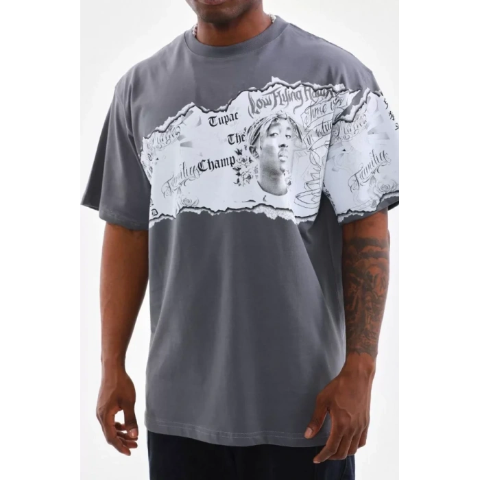 Unisex Bisiklet Yaka Baskılı Oversize Thirt  Gri