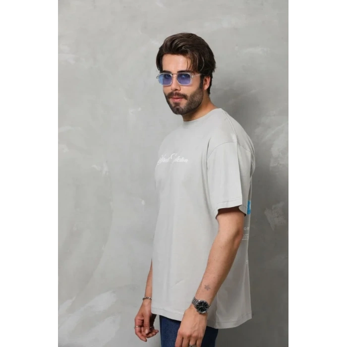 Unisex Bisiklet Yaka Baskılı Oversize Thirt  Gri