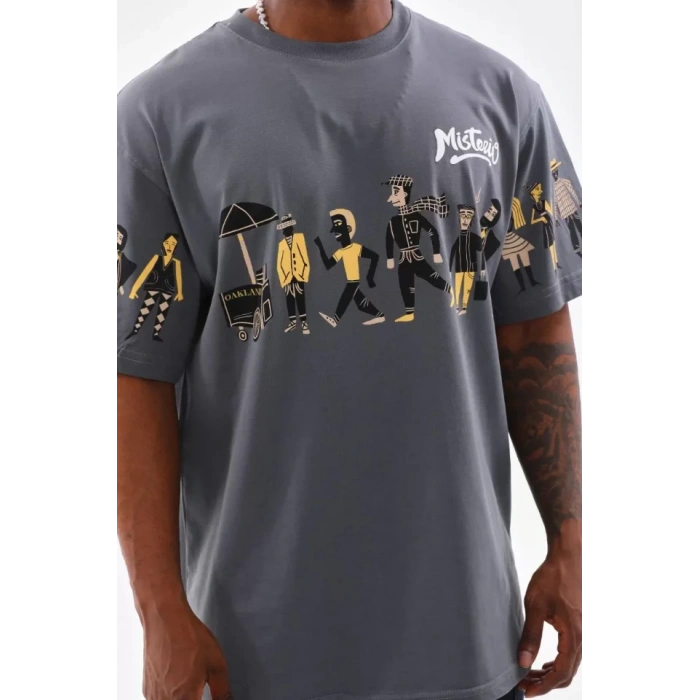 Unisex Bisiklet Yaka Baskılı Oversize Thirt  Gri