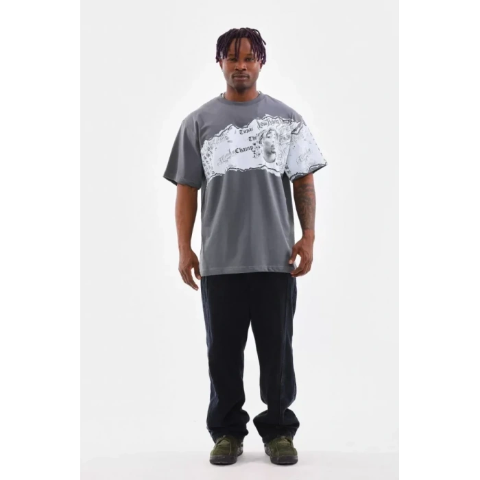 Unisex Bisiklet Yaka Baskılı Oversize Thirt  Gri