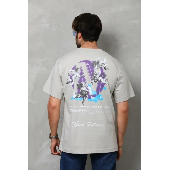 Unisex Bisiklet Yaka Baskılı Oversize Thirt  Gri