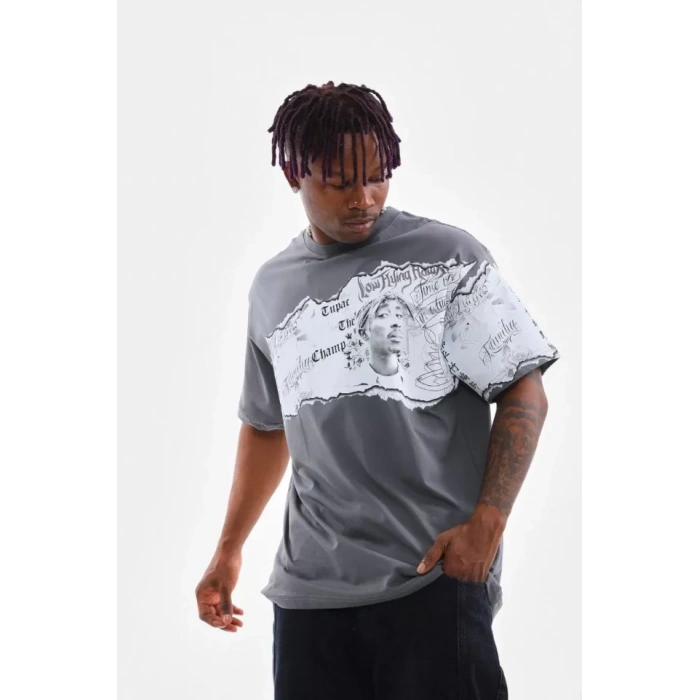 Unisex Bisiklet Yaka Baskılı Oversize Thirt  Gri