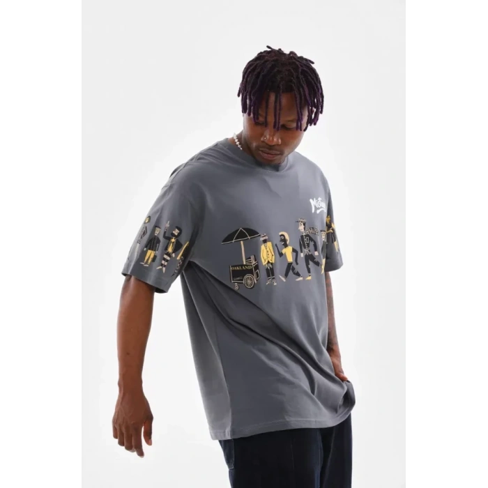 Unisex Bisiklet Yaka Baskılı Oversize Thirt  Gri