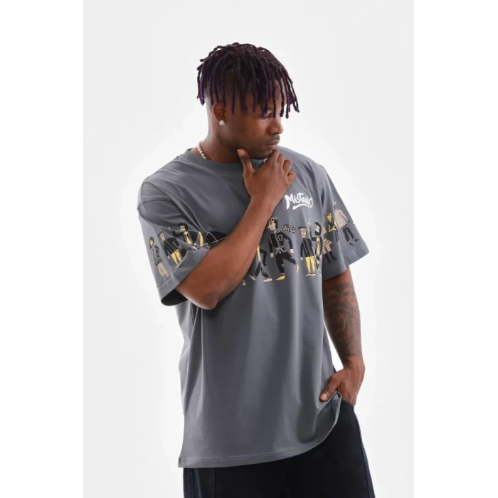 Unisex Bisiklet Yaka Baskılı Oversize Thirt  Gri