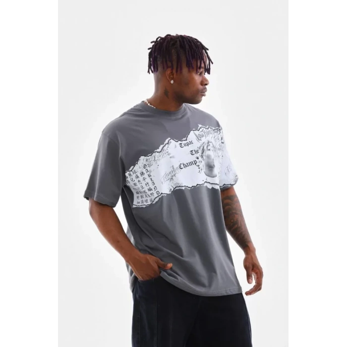 Unisex Bisiklet Yaka Baskılı Oversize Thirt  Gri