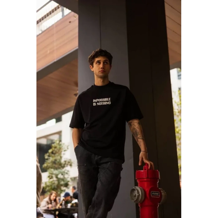 Unisex Bisiklet Yaka Baskılı Oversize Thirt  iyah