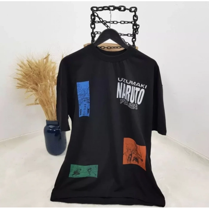 Unisex Bisiklet Yaka Baskılı Oversize Thirt  iyah