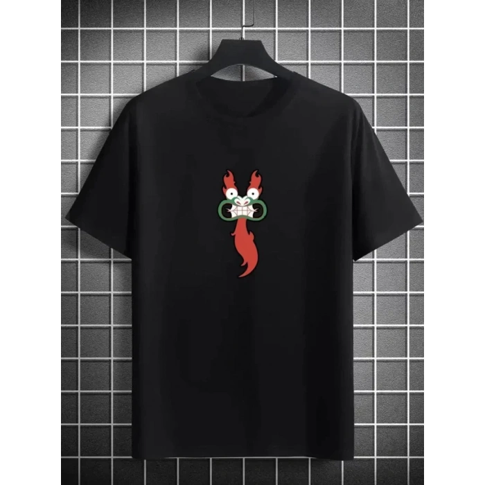 Unisex Bisiklet Yaka Baskılı Oversize Thirt  iyah