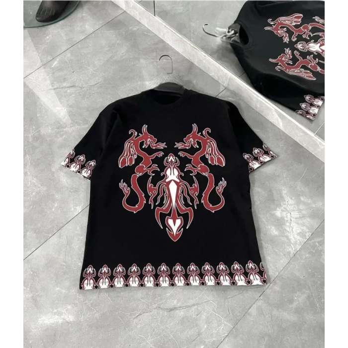 Unisex Bisiklet Yaka Baskılı Oversize Thirt  iyah