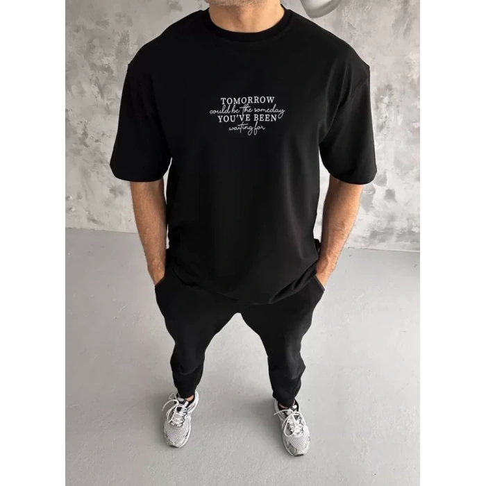 Unisex Bisiklet Yaka Baskılı Oversize Thirt  iyah