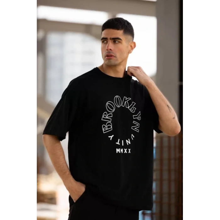 Unisex Bisiklet Yaka Baskılı Oversize Thirt  iyah