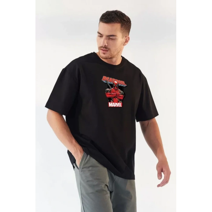 Unisex Bisiklet Yaka Baskılı Oversize Thirt  iyah