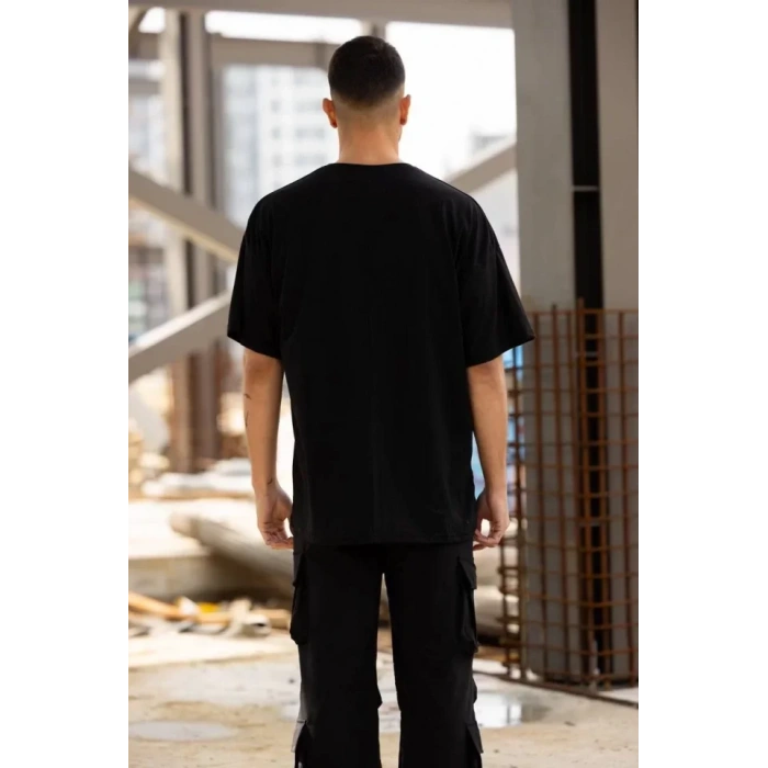 Unisex Bisiklet Yaka Baskılı Oversize Thirt  iyah