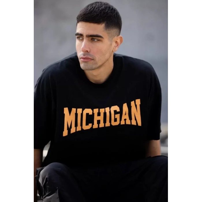 Unisex Bisiklet Yaka Baskılı Oversize Thirt  iyah