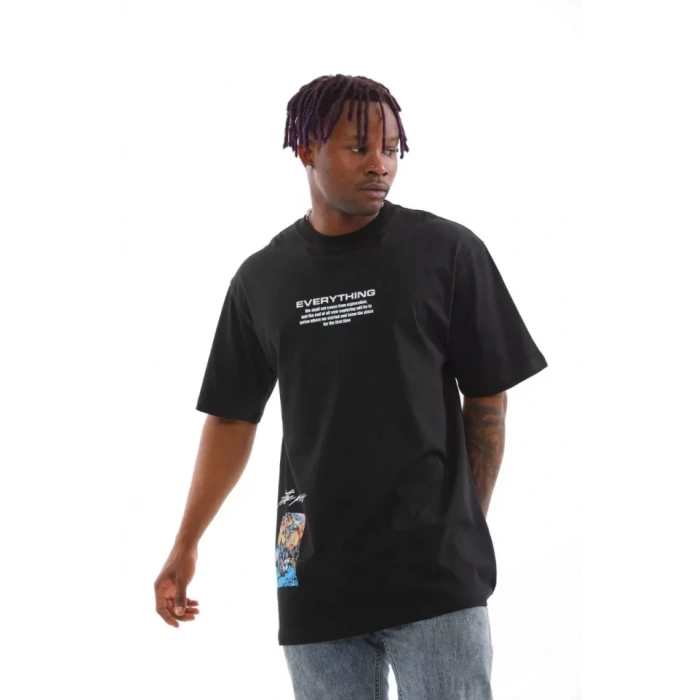 Unisex Bisiklet Yaka Baskılı Oversize Thirt  iyah