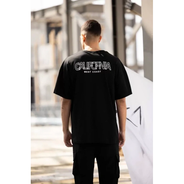 Unisex Bisiklet Yaka Baskılı Oversize Thirt  iyah