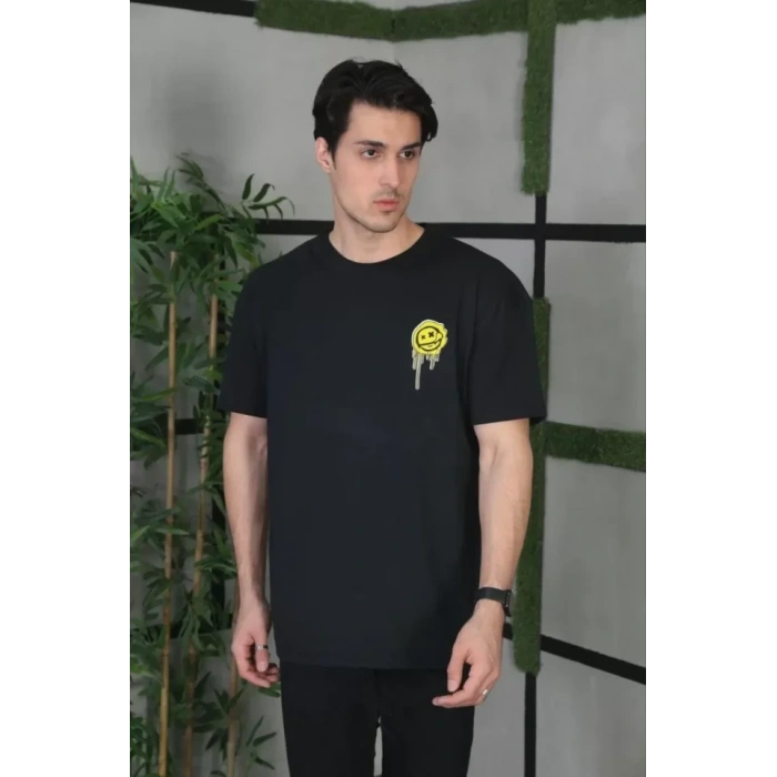 Unisex Bisiklet Yaka Baskılı Oversize Thirt  iyah