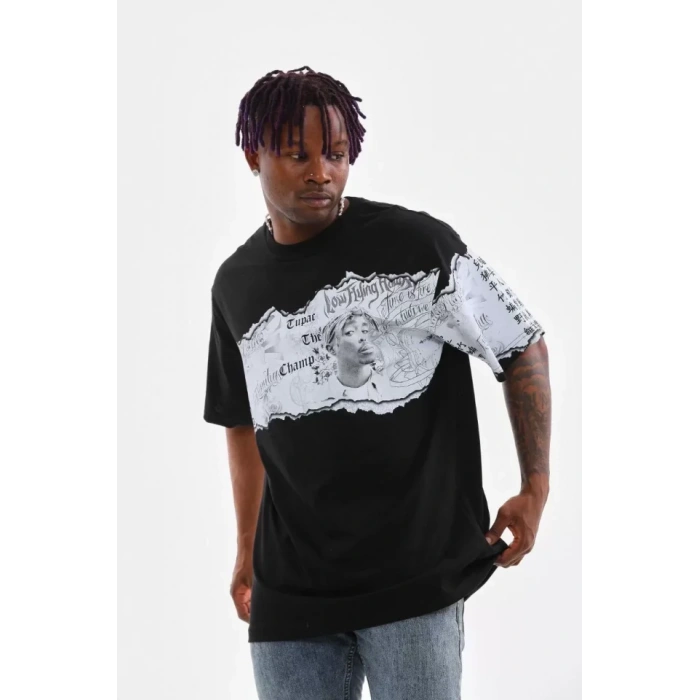 Unisex Bisiklet Yaka Baskılı Oversize Thirt  iyah