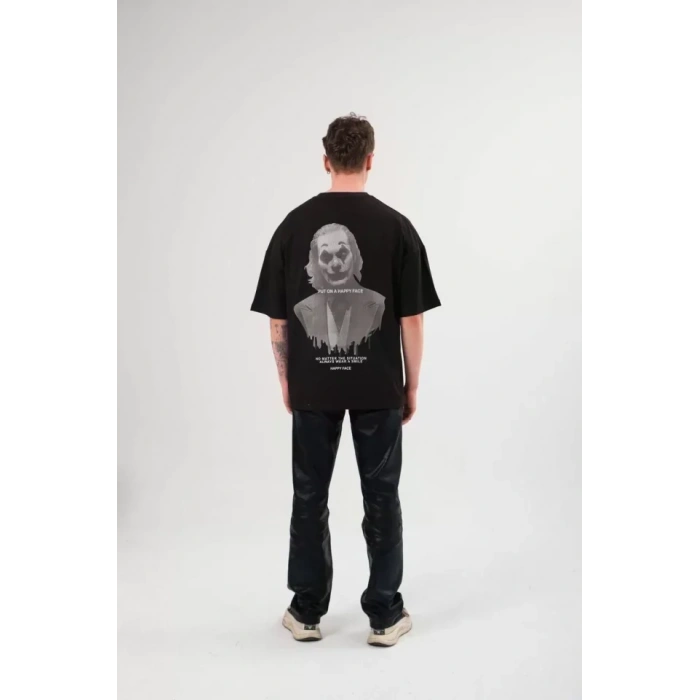 Unisex Bisiklet Yaka Baskılı Oversize Thirt  iyah